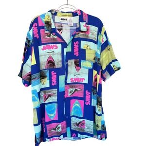 JAWS Shirt Mens XL Blue Shark Graphic Hawaiian Aloha Short Sleeve Button Front